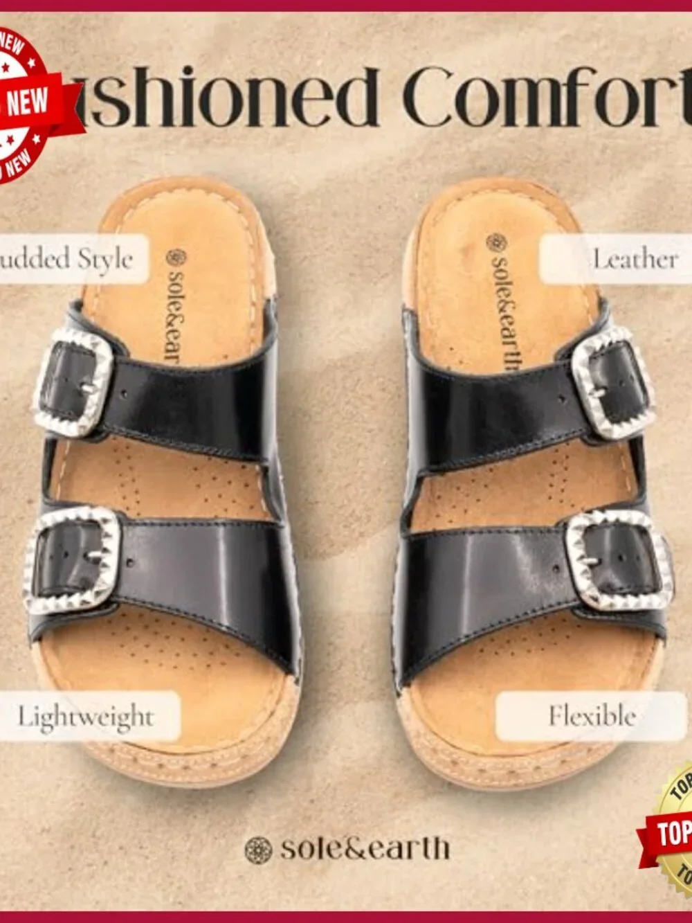 Leather Studded Double-Buckle Slide Sandals, Women's US 6-10, Full-Grain